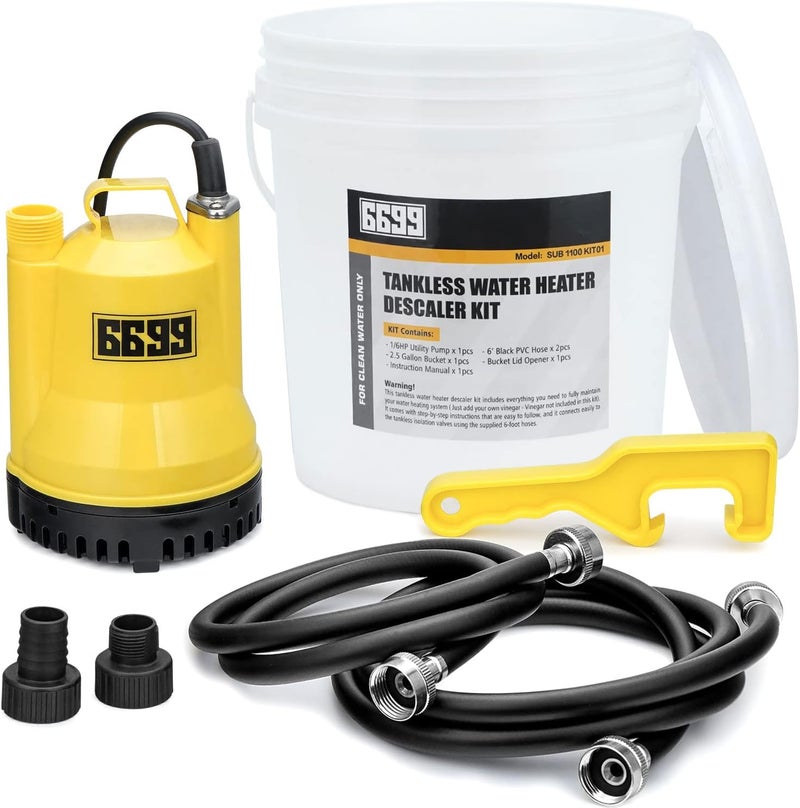 6699 Tankless Water Heater Descaling Flush Kit Includes Submersible Utility Pump with Adapters 3 Gallons Pail with Bucket Lid Opener and Two 3/4" GHT X 6FT PVC Black Hoses Easy Installation to Clean - Image 1